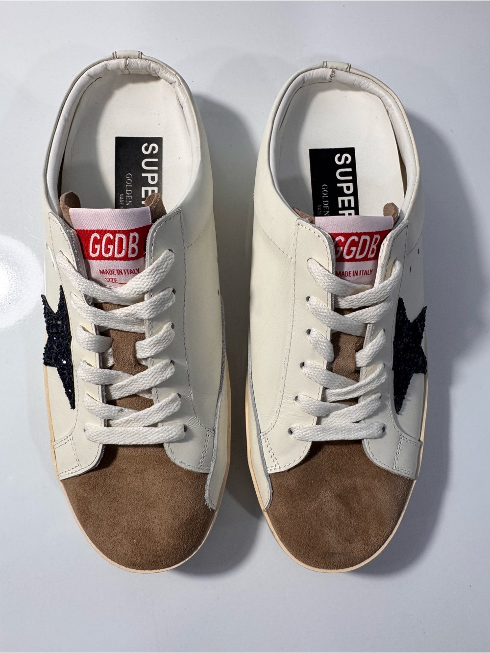 Golden Goose Super-Star Sneakers EU 41 White Brown Suede Black Glitter Star